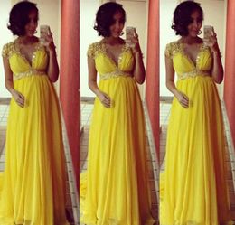 2021 Long Bridesmaid Elegant Evening For Pregnant Women Cap Sleeve Lace Chiffon Yellow Prom Ocn Dresses 0510