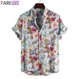 Floral Hawaiian Aloha Shirt Men Summer Short Sleeve Quick Dry Beach Wear Casual Button Down Vacation Clothing Chemise Homme 210705