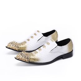 Italian Style Men Shoes Golden Steel Toe Leather Dress Shoes Men Slip on White Business, Party and Wedding Shoes Male