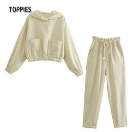 Casual Tracksuits Pants Set Woman Twill Hoodies and Jogger Female Two Piece Crop 210421