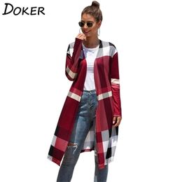 Autumn Winter Plaid Thin Knitted Long Cardigan Women Sleeve Plus Size Vintage s Female Knit Coat 210914