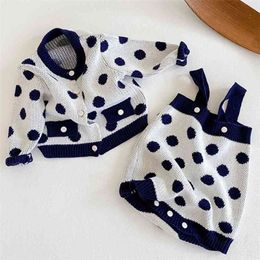 Autumn Winter Infant Baby Dot Girls Knit Long Sleeve Cardigan Coat + Braces Rompers Clothing Sets Kids Girl Suit Clothes 210521