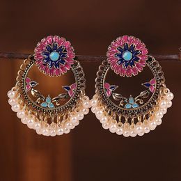 Women's Vintage Ethnic Geometric Flower Dangle Earrings Hangers Bohemian Pearls Tassel Indian Jhumka Earrings Wedding Jewellery