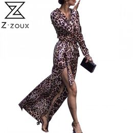 Women Dress V-neck Bandage Leopard Vintage Dresses Long Sleeve Plus Size Sexy Split Fashion 210524