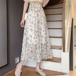 Summer Floral Print Skirt Female Long High-Waisted A- Line Elastic Street Wear 210529