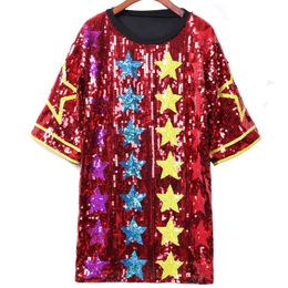 PERHAPS U Women Black Red Blue Silver T-shirt O Neck Short Sleeve Sequined Pentagram Loose Tee Tops Women Summer B0775 210529