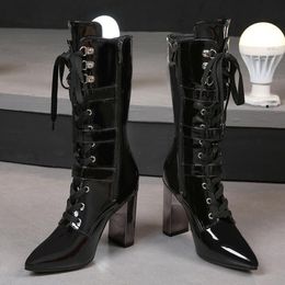 Boots Catwalk Shoes Lace Up British Style High-heeled Thick Heel 2021 Autumn And Winter Cheongsam Women