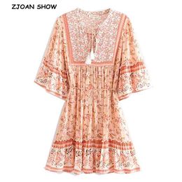 Bohemian Pink Cherry Blossom Flower Print Dress Ethnic Woman Summer Tassel Lacing up Half Sleeve Short dress Dresses 210429