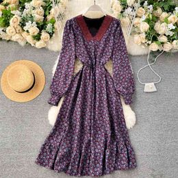 French style lace splice party dress women's elegant spring autumn v-neck long sleeve elastic waist a-line casual female 210603