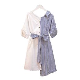 PERHAPS U Asymmetrical Patchwork Sash 3/4 Sleeve Strip Sash Turn Down Collar Shirt Dress Summer Elegant Office Lady D0994 210529