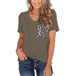 Women's Summer T-Shirt Short Sleeves V-Neck Patchwork Leopard Shirt Pocket Basic Female t shirt camiseta mujer 210518