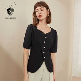 FANSILANEN Vintage short sleeve chiffon blouse shirt Women summer casual button up Female black elegant office ladies tops 210607