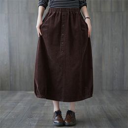 Autumn Winter Arts Style Women Elastic Waist Loose A-line Skirts Cotton Corduroy Casual Long Skirt Plus Size Saia S41 210512