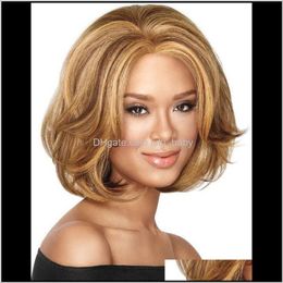 Zf Human Hair 25Cm Gold Fashion Us Monofilament Wig Fluffy Curlygs Wave Cut V0L9D Synthetic Qwskz