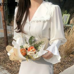 Ezgaga Lace Patchwork Elegant Shirts Turn-Down Collar Long Flare Sleeve Chic French Style White Shirts Office Lady Tops Fashion 210430