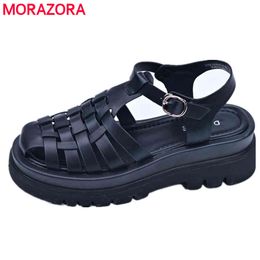 MORAZORA Genuine Leather Sandals Women Shoes Cut Outs Platform Shoes T-Strap Summer Ladies Fashion Casual Dress Shoes 210506