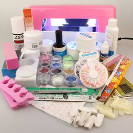 -Easy Nail Art Base Set Pro voller Acrylpulver UV Gelbürste Stift 9W Lampe Glitter Pinsel Files DIY Maniküre Kit