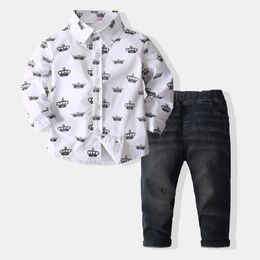 W505 Spring Autumn Baby Boys Set Kids Long Sleeve Crown Printed Shirt + Jeans 2pcs Boy Clothes Suit Children Outfits