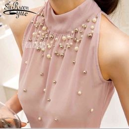 Women Beading Chiffon Blouse Korean Fashion Sleeveless Turtleneck Shirt Top S M L XL835I 42 210427