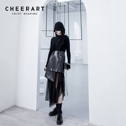 Mesh PU Leather Skirt Women Black Asymmetrical Patchwork Ladies Midi Fashion Clothing 210427