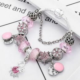 Simple Style Silver Strands Plated DIY Snowflake With Crystal & Swan Pendant Lady Bracelet Charm Pink Valentine's Day Gift