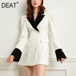DEAT Women White Patchwork Double Breasted Pockets A-line Dress New Notched Long Sleeve Slim Fit Fashion Tide Summer 7E8124 210428