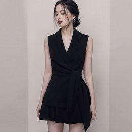Runway Designer Women Skirt Suits Summer Black sleeveless turn down collar Vest Tops + Mini Skirt Set Vestidos 210518
