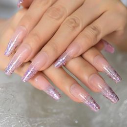 False Nails Extra Long Coffin Nail Translucent Pink Glitter Pre Designs  Press On Full Cover Fingernail Manicure Tips Supplies Wholesale