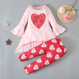 Valentines Day Lovely Kids Baby Girls Clothing Casual Set Flared Long Sleeve Round Neck Heart Print Tops Elastic Waist Pants