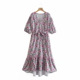 Summer Women V Neck Sashes Vintage Printed Midi Dress Female Puff Sleeve Clothes Casual Lady Loose Vestido D7711 210430
