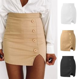 Summer High Waist Button Split Skirt Ladies Casual Sexy Bodycon MIni Dresses Women Slim Black Office Skirts Falda Blanca 210604