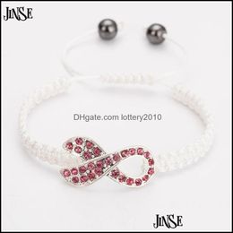 Charm Bracelets Jewelryjinse Bracelet Crystal Rhinestone Ribbon Beads Breast Cancer Awareness Knitted Adjustable Hand-Woven Rame Bracelet1 D