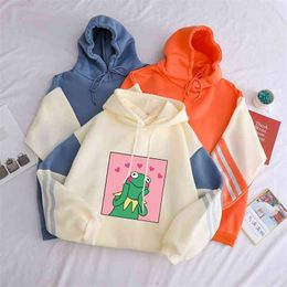 Anime Cartoon Print Hoodies Women Funny Frog Casual Korean Style Streetwear Hooded Sale Drop Shoulder For Winter Thicken 210805