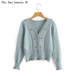 Women sweater cardigan short outware spring autumn Korean loose V-neck sweet embroidered Knit tops coat 210514