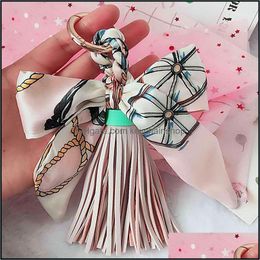 Keychains Fashion Accessories High Quality Scarves Key Holder Ribbon Bowknot Exquisite Pu Leather Tassels Women Bag Charm Pendant11937