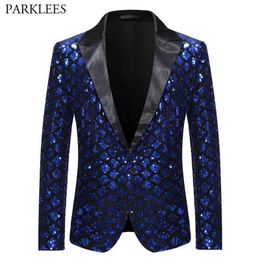 Royal Blue Sequin Glitter Embellished Blazer Jacket Men One Button Shiny Plaid Tuxedo Blazers Mens Nightclub Prom Stage Costumes 210522