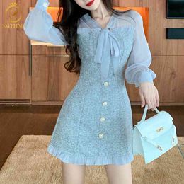 Spring Women's Chiffon Patchwork Ruffle Tweed Woolen Dress Ladies Bow Collar Single-Breasted Long Sleeve Party 210520