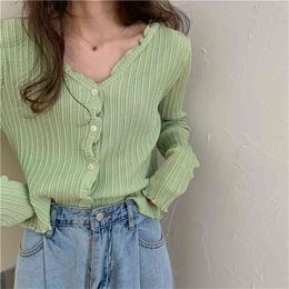 Fashion Women Knitted Cardigan Spring Autumn V Neck Single-breasted Cropped Sweaters Ladies Korean Short 210914