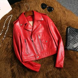 Exquisite women's autumn Korean version of the red PU lapel Slim female jacket Heather Long Sleeve Fashion Jacket coat 210507