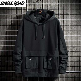 Single Road Mens Hoodies Spring Techwear Hip Hop Sweatshirt Japanese Streetwear Oversized Black Hoodie Plus Size 211229