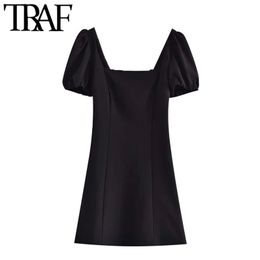 Women Fashion With Linen Black Mini Dress Vintage Puff Sleeve Backless Criss-Cross Straps Female Dresses Mujer 210507