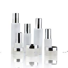 newFrosted glass cosmetic jars pump bottles with bright silver cap 30g 50g body lotion lip balm cream containers EWB5792