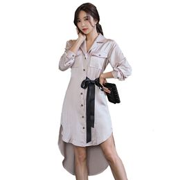 Autumn Fashion Women Dress Elegant Ladies Turn Down Collar Long Sleeve Sash Bowtie Buttons Back Shirt 210603