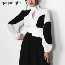 Fashion Women Chiffon Shirts White Black Patchwork Lantern Sleeve Blouses Sexy Hollow Out Stand Collar Slim Tops 210601