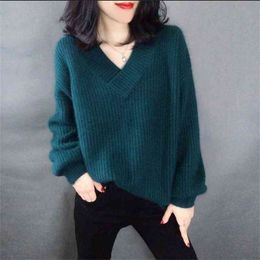 Pullovers Female Cashmere Sweater Pure Casual V-neck Short Design Basic Knitted Tops 210427
