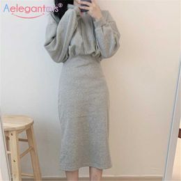Aelegantmis Korean Fashion Slim Women Solid Fleece Sweatshirt Dress Bodycon Spring Elegant Casual Female Hoodie Midi Chic 210607