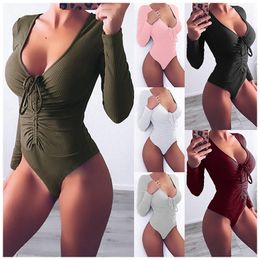 Ladies Jumpsuit Women Jumpsuits Rompers Long Sleeve High Waist Tight Sexy Deep V Neck Slim Open Chest Stripe Ribbon Keep Warm Comfortable WMD