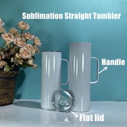 20oz Sublimation Straight Tumbler with Handle Sublimated Blanks Water Bottle Thermal Transfer Coffee Mug Insulated Drinking Cup Clear Straw Flat Lid Wholesale A02