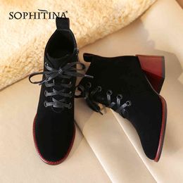 SOPHITINA Comfortable Square Heel Boots High Quality Kid Suede Fashion Lace-Up Women's Shoes Round Toe Ankle Boots SO251 210513
