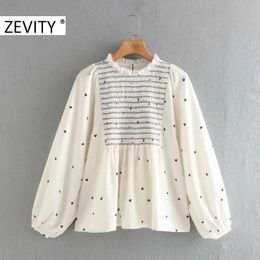 Zevity Women Sweet Agaric Lace Hearts Print Elastic Smock Blouse Office Ladies Lantern Sleeve Shirts Chic Blusas Tops LS7272 210603
